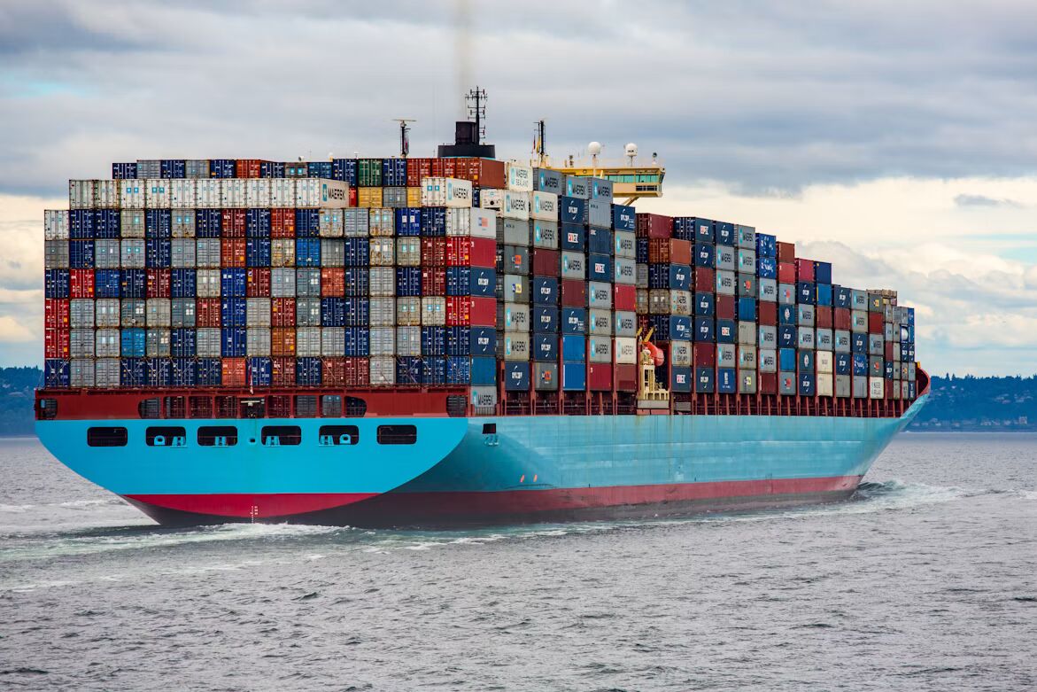 Loaded container ship at sea